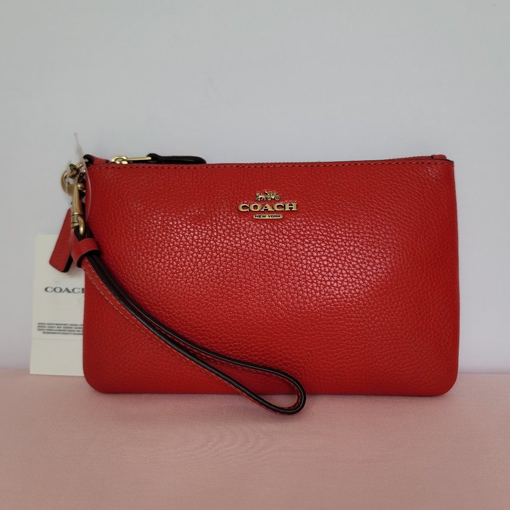 COACH Small Wristlet in Polished PebbleD Leather- Sport Red⭐